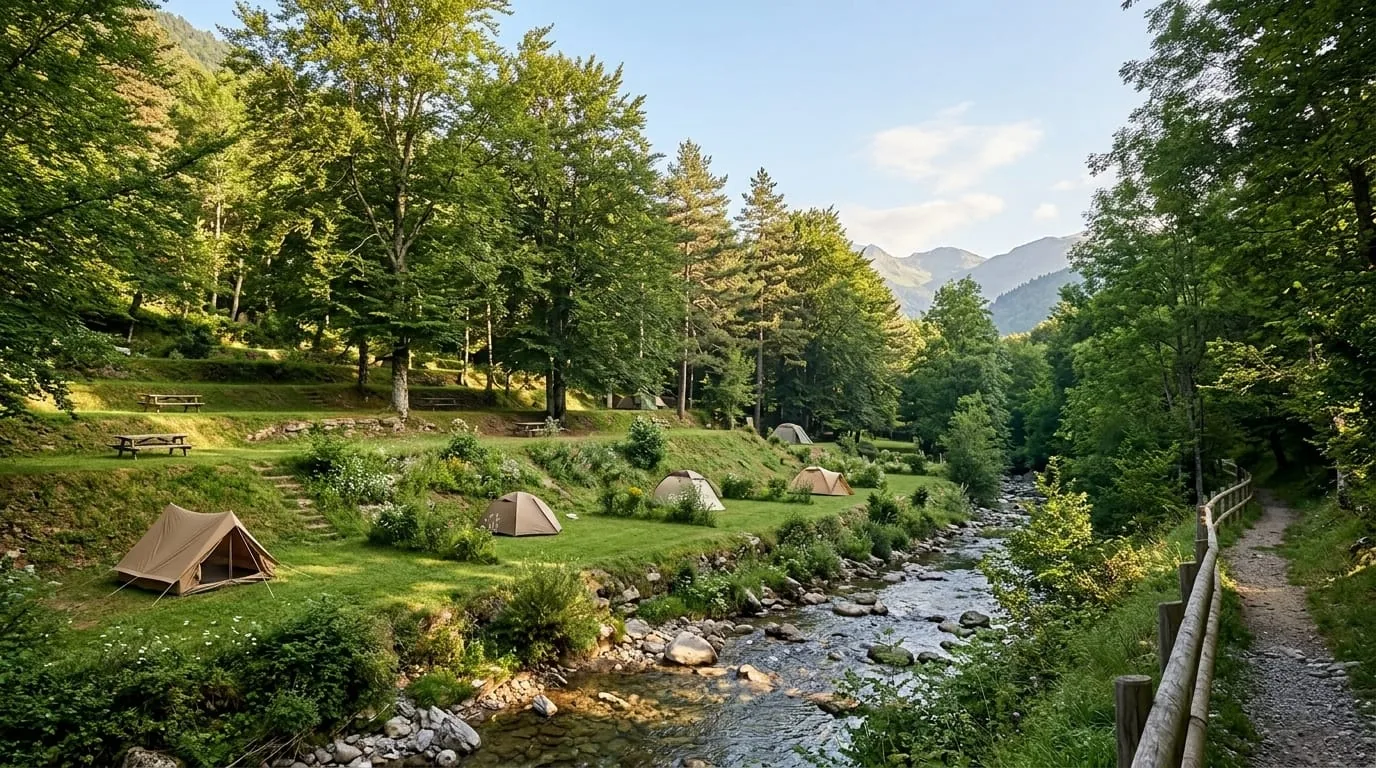Terrazas de acampada con hierba verde natural y río Gardalar en el Valle de Roncal