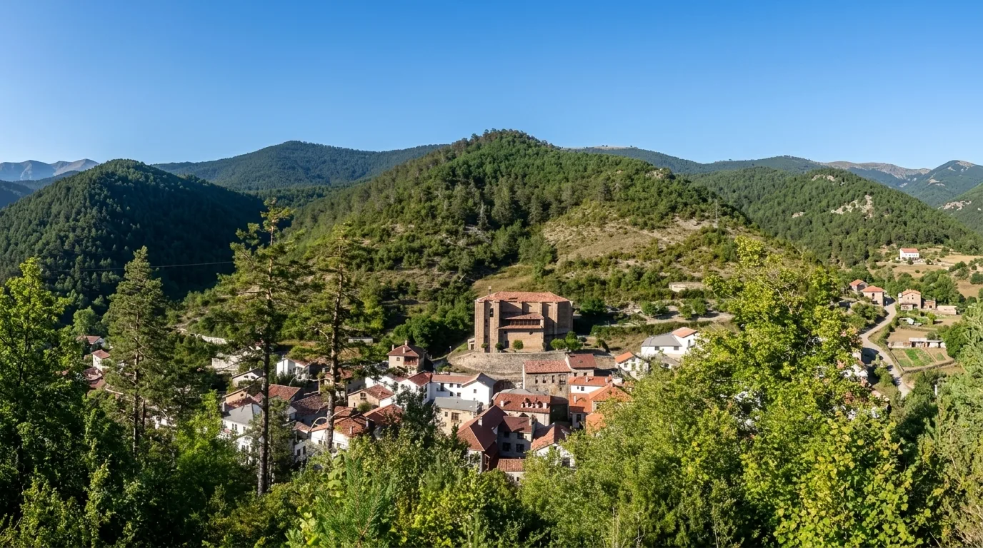 Panorámica del pueblo de Garde en el Valle de Roncal entre bosques y montañas