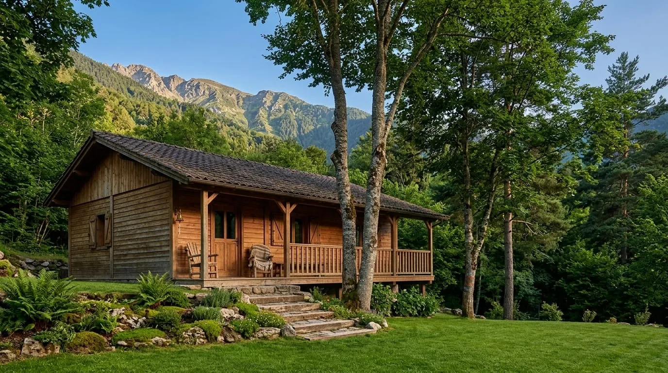 Bungalows de madera de alta montaña en Camping Urrutea en Garde, Valle de Roncal